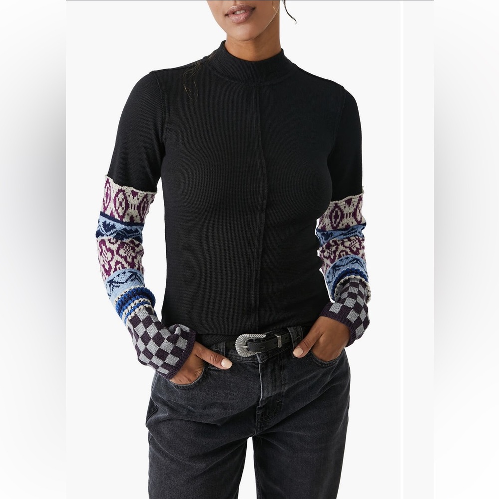 We The Free People Gorgeous Cuff Thermal Top XS Knit Sleeve Thumbhole Fair Isle - Picture 2 of 14